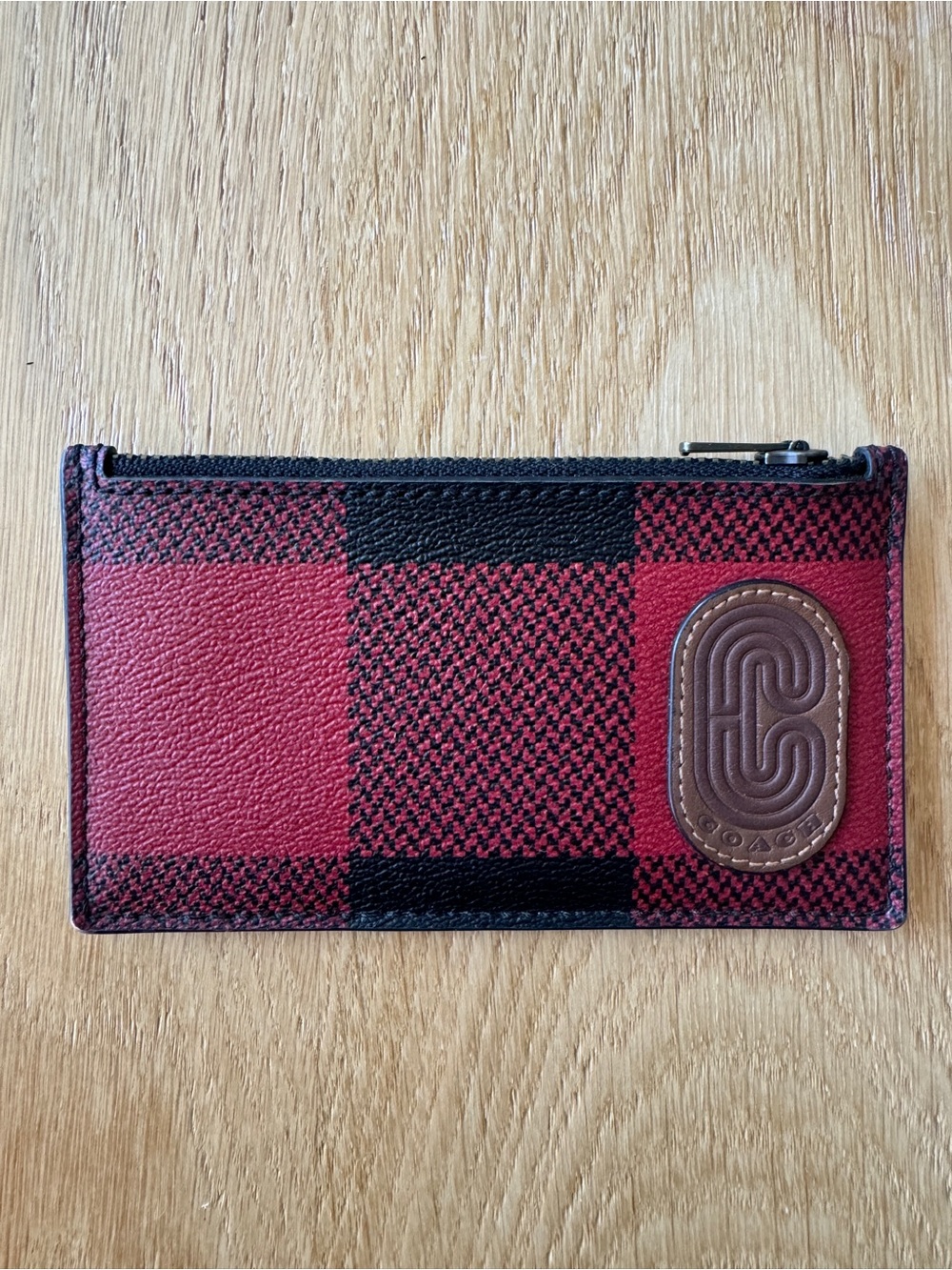 Coach Red and Black Plaid Zip Card Case with Brown Logo Patch
